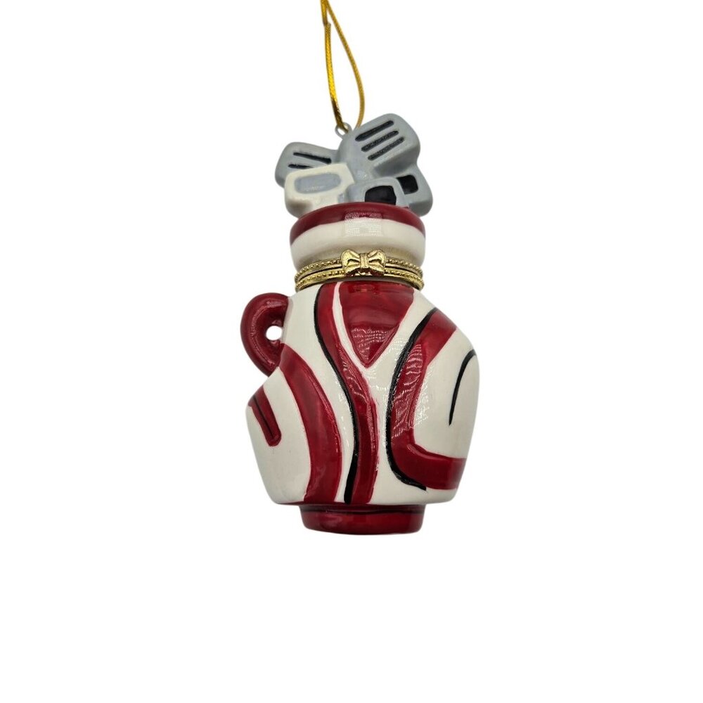 Golf Bag Christmas Ornament Hinged Trinket Box With Lid Red/White Porcelain 4"